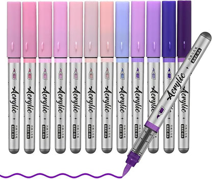 Purple Pink Acrylic Paint Pens,12 Color Paint Pens Markers,Brush Tip Paint Pens for Rock Painting Wood Glass Ceramic Canvas Stone DIY Crafts Making Art Supplies