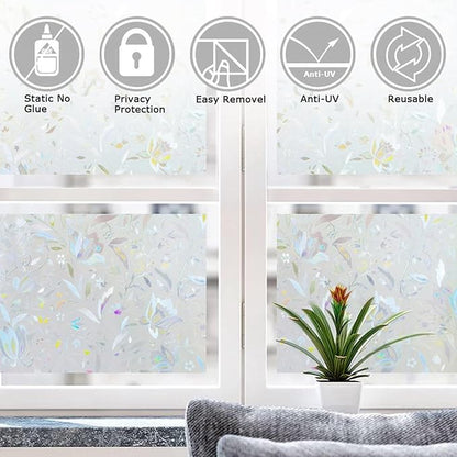 LEMON CLOUD Window Film, Decorative Window Privacy Film, 3D Stained Glass Window Sticker,Anti-UV Sun Blocker Heat Control for Home(Rainbow Tulip Design,29.5 x 118.1 inches)