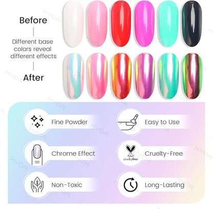 Ownest 4 Pcs Neon Chrome Nail Powder, Unicorn Chrome Nails Glitter Pigment, Aurora Iridescent Powder Pigment for Nails, Opal Pearl Mica Powders, Chameleon Pearl Manicure Pigment