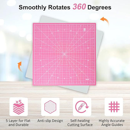 Headley Tools 17"x17" Rotating Cutting Mat, Self Healing Mat with 360-Degree Rotation & Anti-Slip Base, Sewing Board Cutting Mat Perfect for Fabric Quilting Leather Hobby Project, Pink