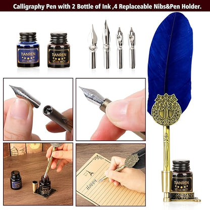 Quill pen ink set,Feather Pen and Ink Set,Antique Calligraphy Pen with 4 Replaceable Nibs,2 Bottle of ink,Feather Dip Pen Holder Christmas Gift for Men&Women.(Blue)