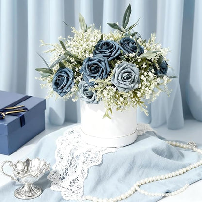 Artificial Flowers Foam Fake Roses 25pcs Series Blue Colors Roses with Stems for Home Decor DIY Wedding Bouquets Party Bridal Shower Centerpieces Faux Flower Arrangements Tables Decorations
