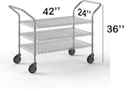 24" W x 42" L x 36" H Chrome Heavy Duty Utility Cart | 3-Tier | NSF Commercial Storage Rack Mobile Unit | Storage and Mobility Solution for Your Business