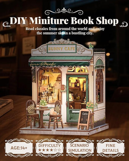 CUTEBEE Book Nook Kit - DIY Miniature House Dollhouse Kit for Adult and Teens, Booknook Bookshelf Decor Alley Model Build with LED Light, Gifts for Family and Friends (Sunny Cafe)