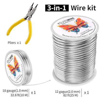 12 Gauge(2.0mm) Aluminum Wire 82 Feet(25M) KSVZS Bendable Metal Wire for Crafts, Sculpting, Armature, Jewelry Making【3-in-1】+18Gauge(1.0mm) 32.8Ft(10M)+1 Pliers(Silver)