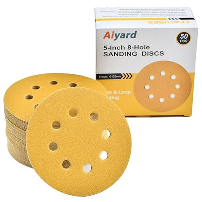 5-Inch 8-Hole Hook and Loop Sanding Discs 150-Grit Random Orbit Sandpaper, 50-Pack