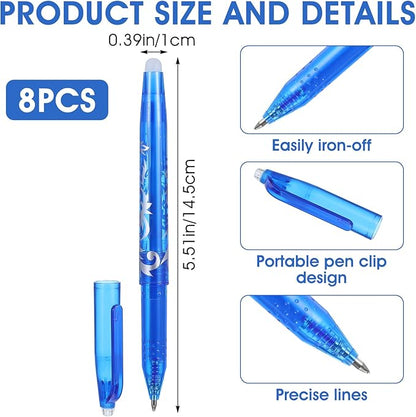 8pcs Heat Erasable Pens for Fabric, Fabric Marking Pens Fabrics Markers No Ghost Lines, Disappearing Ink for Precise Marking for Quilting Sewing Embroidery DIY Dressmaking Fabrics Tailors Chalk