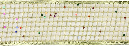 MEEDEE Gold Glitter Ribbon Gold Christmas Ribbon 2.5 Inch Square Mesh Net Wired Ribbon with Rainbow Sparkle Gold Wired Ribbon Gold Ribbon for Christmas Tree Decoration, Wreath Bow Making (10 Yards)