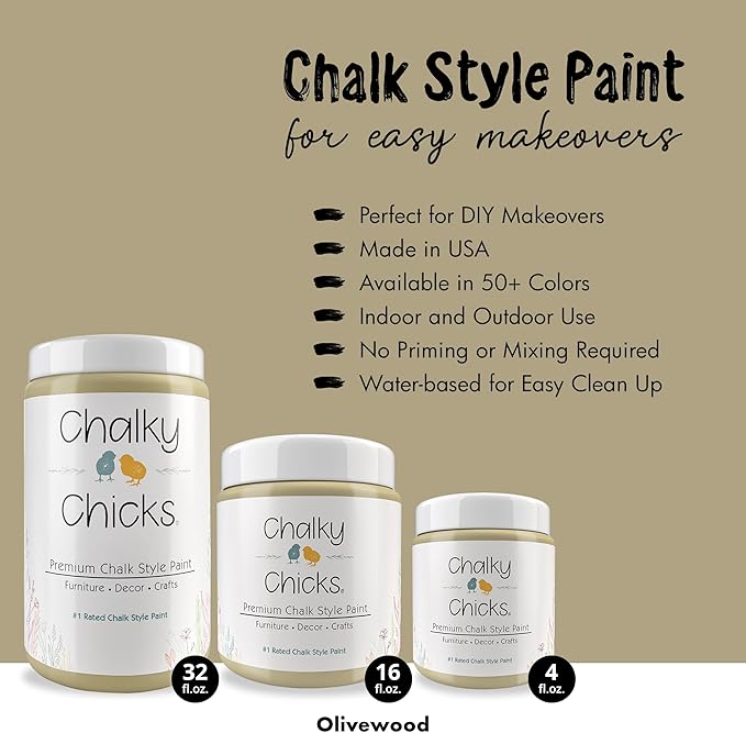 Chalky Chicks All-in-One Chalk Paint for Furniture or Cabinet - 32 Fl Oz - Matte Finish Olive Wood (Taupe) for Metal, Wood Furniture Paint - No Sanding All-in-One for Home Decor & Crafts, USA Made