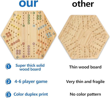 Original Marble Game Wahoo Board Game Double Sided Painted Wooden Fast Track Board Game for Family Friends and Party 6 and 4 Players 6 Colors 24 Marbles 6 Dice