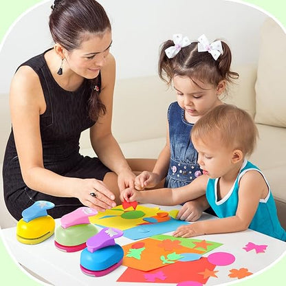 CHENGU 16 Pcs Craft Holes Punch Paper Punchers Scrapbook Punches with Craft Sticker Paper, Round, Star, Square, Heart, Flower, Wave Circle Shape (1 Inch,Fresh Style)