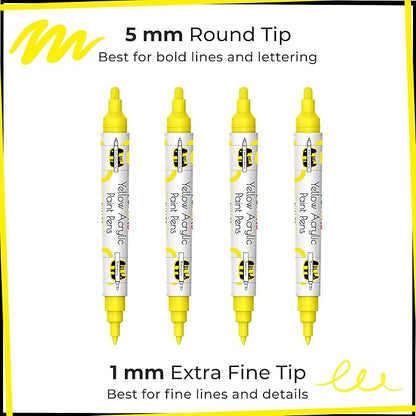 4 Dual Tip Yellow Paint Pen Metallic - Fine Tip & Medium Acrylic Paint Markers - Yellow Marker for Metal, Wood, Rock Painting, Canvas, Ceramic, Glass, Fabric, Leaf and Plastic - Water-based Ink