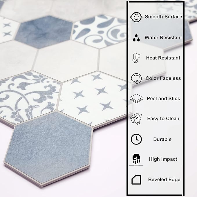 The Tiles Plaza 10-Sheet Peel and Stick Backsplash, Blue Cement Hexagon Stone Composite Marble Looks Self Adhesive Wall Tile, Stick On Tiles for Kitchen Bathroom Shower, Cover 9 Sq Ft.