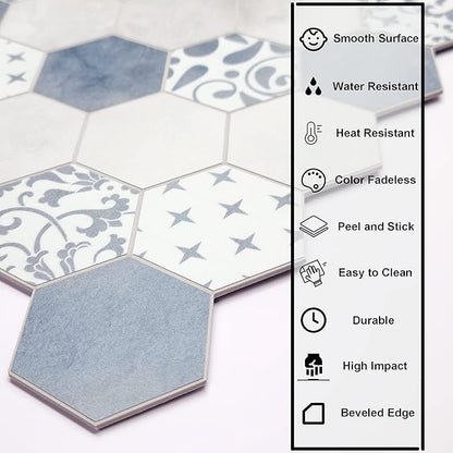 The Tiles Plaza 10-Sheet Peel and Stick Backsplash, Blue Cement Hexagon Stone Composite Marble Looks Self Adhesive Wall Tile, Stick On Tiles for Kitchen Bathroom Shower, Cover 9 Sq Ft.