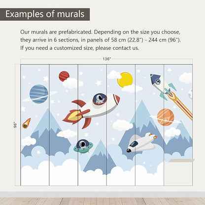 AFZEVEB-Space Mural Hand-Painted Cartoon Wallpaper for Kids Room 136"x96"(Not Peel and Stick)
