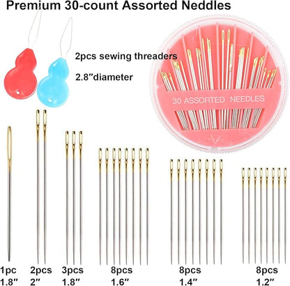 Eketirry 60pcs Premium Hand Sewing Needles, 2 Pack 30-Count Assorted Needles for Sewing Repair, 6 Different Sizes Sewing Needles with 2 Threaders (Pink& Blue,1)