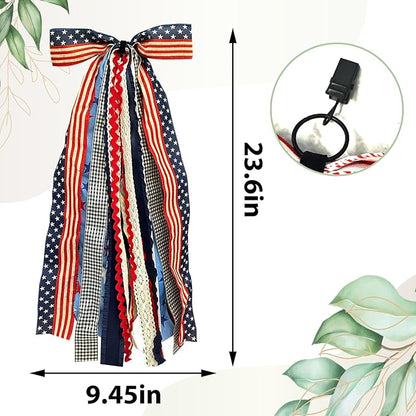Large Patriotic Star Ribbons Bow for Wreath, Red White Buffalo Plaid Fabric Ribbons Set Assorted Lace Ribbon 4th of July Clip-On Wreath Sash Ribbon Bundle for Patriotic Indoor Outdoor Decor