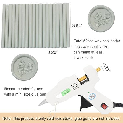 52pcs Sage Green Wax Sealing Sticks, Andotopee Glue Gun Adhesive Seal Sticks for Stamp Seals, Premium Sealing Wax for Envelope Seals Wedding Invitation Craft Adhesive, Great Gift Ideas (Mini Size)