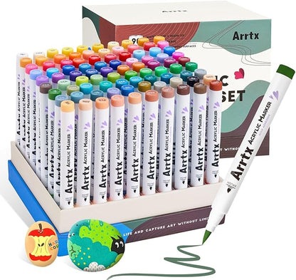 Arrtx 90 Colors Paint Markers, Acrylic Paint Pens for Artists Adults Coloring Drawing - Extra Brush Tip for Rock Painting, Wood, Canvas, DIY Crafts Making Art Supplies