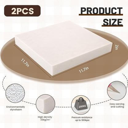 Gvereld High Density XPS Foam Board, 2 Pack 11.7x11.7X 2in Polystyrene Craft Foam Sheets, Rigid and Easy to Shape,DIY Modeling Art Projects, Party Decoration, Cosplay Prop Production, Heat Insulation