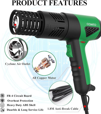 1800W Industrial Heat Gun, Fast Heating 122℉-1202℉ Variable Temperature Control Overheat Protection 2 Speed Air Flow with 4 Nozzles for Crafts, Shrinking Tubing, Vinyl Wrap (SG-1004)