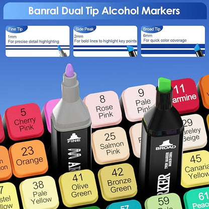 Banral Alcohol Markers Set, 100 Colors Dual Tip Alcohol Based Art Marker for Artists, Permanent Drawing Pens for Adult Coloring Sketching Illustration with Case and Holders
