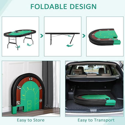 Upgrade 84" Folding Poker Table, 10 Players Oval Card Table with Stainless Steel Cup Holders and Padded Rails, Casino Leisure Felt Surface Texas Hold 'em Poker Table, Green