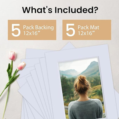 Falling in Art 5 Pack Acid Free 12x16'' White Picture Mats Board Show Kit for 8x12'' Photos, 4-Ply Beveled Pre-Cut Photo Mats with Backing Board for Frames, Artwork and Prints