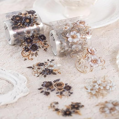 6PCS Baroque Flower PET Tape Set, Vintage Floral Pre-Cut Tapes for Journaling, Scrapbooking, and Junk Journal Ephemera, with Decorative Clip