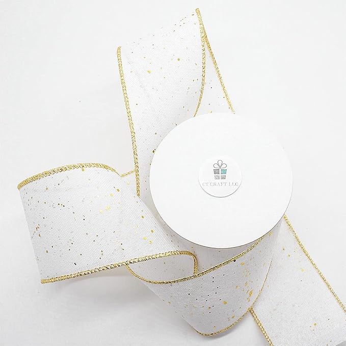 CT CRAFT LLC Whtie Burlap Fabric Confetti Glitter Wired Ribbon 2.5" x 10 Yards White Color for Christmas Home Wedding Decor Gift Wrapping Tree Topper Bow Wreath Bouquet DIY Crafts