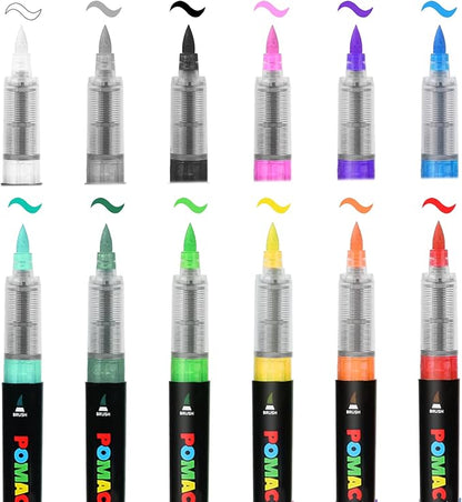 POMAC Acrylic Paint Markers Pens 12 Assorted Colors, Water-Based Paint Markers Brush Tip, No-Bleed Liquid Acrylic Marker Pens Waterproof for Fabric, Canvas, Rock, Glass, Wood, DIY Crafts, Art Supplies