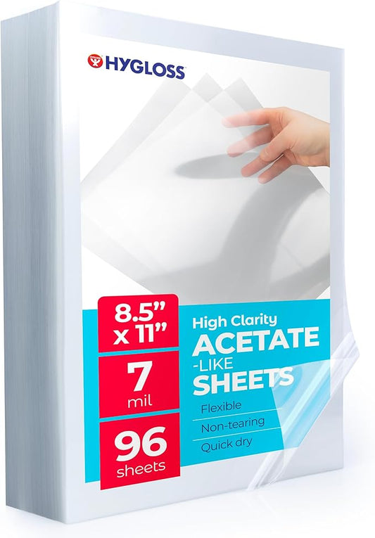 Hygloss 8.5" x 11" Acetate Paper - 7 Mil Clear Acetate Sheets for Crafts Projects, Classroom Stencil Sheets, Overhead Transparency Sheets for Projector, Clear Plastic Sheet (Not for Printers) 96 Pack