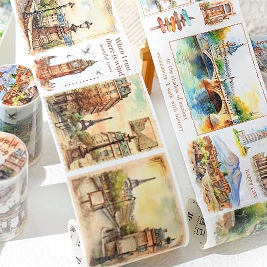 Washi Tape Set,6 Rolls Landscape Tape Stickers for Scrapbooking,Scrapbook Supplies,Junk Journal,Journaling Supplies,Planner,DIY Arts Crafts（Embrace The World）