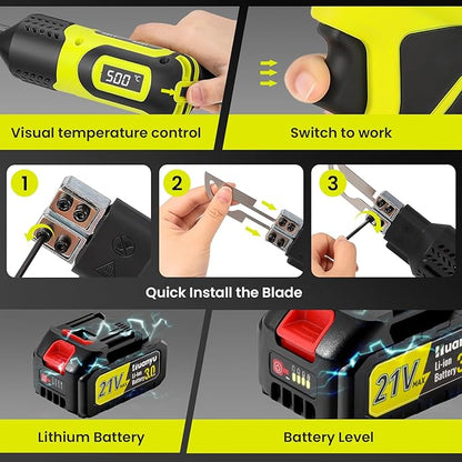 Huanyu Cordless Hot Knife with Temp. Display 100W Max 500℃ 3.0Ah Battery Powered Air Cooling Cutting Tool 4 Blades Set Electric Hot Knife Foam Cutting Tool Craft Shears for Rope, Fabric, Acrylic