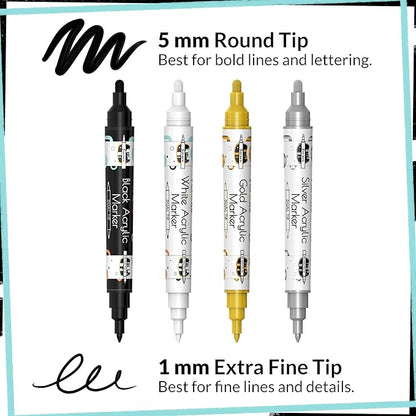 4 Dual Tip Acrylic Paint Pens - Fine Tip & Medium, Permanent & Waterproof - Acrylic Paint Markers for Rock Painting, Canvas, Wood, Ceramic, Glass, Fabric, Metal - White, Black, Gold & Silver