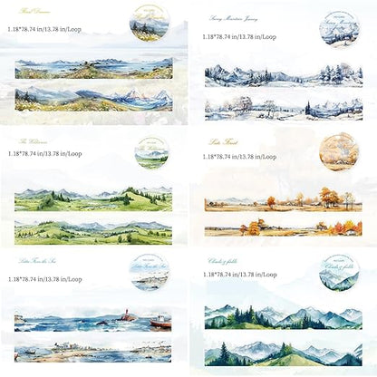 6 Rolls Landscape PET Tape,Transparent Nature Stickers for Scrapbook Supplies,Diaries,DIY Craft,Junk Journal,Album,Journaling(Mountain)