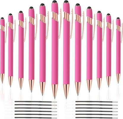 12 PCS 2 in 1 Stylus Ballpoint Pen with Stylus Tip, 1.0 mm Black Ink Metal Pen Stylus Pen for Touch Screens (Rose Gold & Pink)