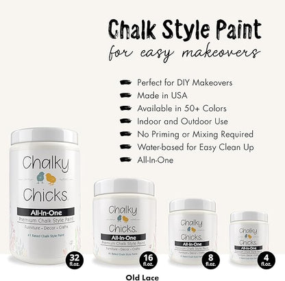 Chalky Chicks All-in-One Chalk Paint for Furniture or Cabinet - 8 Fl Oz - Matte Finish Old Lace (Off White) for Metal, Wood Furniture Paint - No Sanding All-in-One for Home Decor & Crafts, USA Made