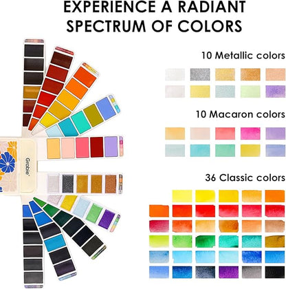 Grabie Watercolor Paint Set, 56 Colors Handheld Watercolor Set of Water Brush Pen, Palette and Removable Sponge, Portable Watercolor Paint for Artist Beginner and Professional