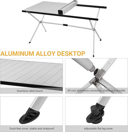 KingCamp Folding Camping Table Aluminum Roll Up Table Oversized Large Camp Table Stable Portable Outdoor Folding Table for Picnic Camping Barbecue Backyard Party,57.4''×31.4''4-6 Person,Support 120lbs