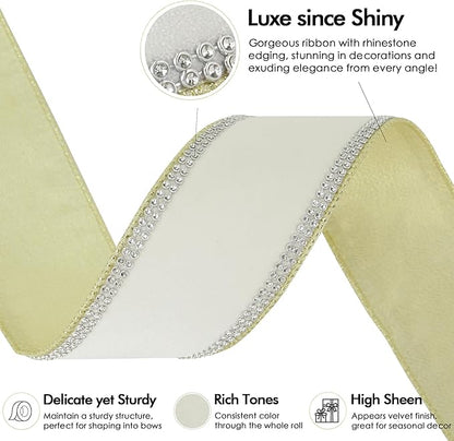 MEEDEE Gold & White Velvet with Rhinstone Edge Wired Ribbon 2.5 Inch Luxury Jeweled Ribbon 5 Yards Sparkling Rhinestone Trim for Christmas Tree, Garland, Wreaths, Holiday Home Decor, Wedding Decor