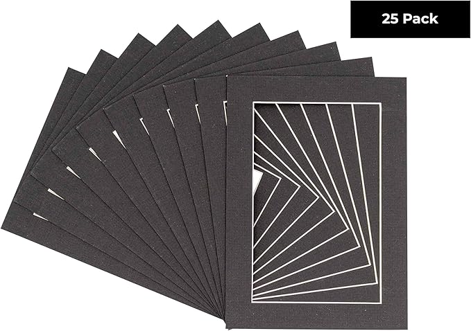 5x7 Mat for 8.5x11 Frame - Precut Mat Board Acid-Free Show Kit with Backing Board, and Clear Bags Textured Black 5x7 Photo Matte For a 8.5x11 Picture Frame Matboard for Framing, Pack of 25 Mats