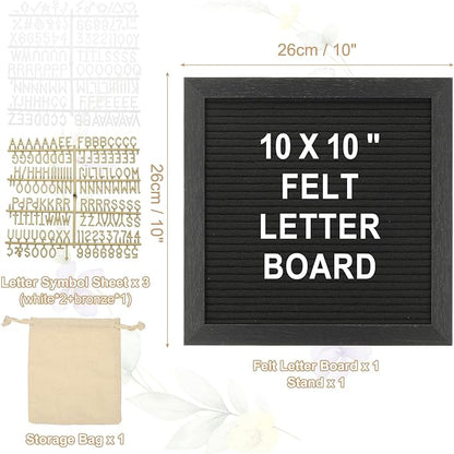 PATIKIL Felt Letter Board, 10x10Inches Black Wooden Changeable Message Board with Storage Bag Stand for Kitchen Menu Farmhouse Decor Notes, White Bronze Letter