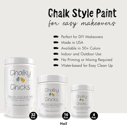 Chalky Chicks All-in-One Chalk Paint for Furniture or Cabinet - 32 Fl Oz - Matte Finish Hail White for Metal, Wood Furniture Paint - No Sanding All-in-One for Home Decor & Crafts, USA Made