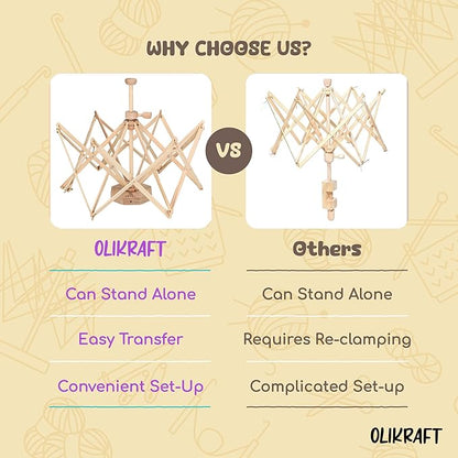 Olikraft Wooden Yarn Swift | Lightweight Reverse Yarn Umbrella Swifts | Ball Swift | Skein Winder | No Clamp Required (Patented)