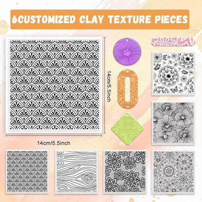 6 PCS Large Polymer Clay Texture Sheets 5.5 x 5.5 Inch Boho Clay Mat Works with Polymer Clay Cutter Pottery Earrings Jewelry DIY Making