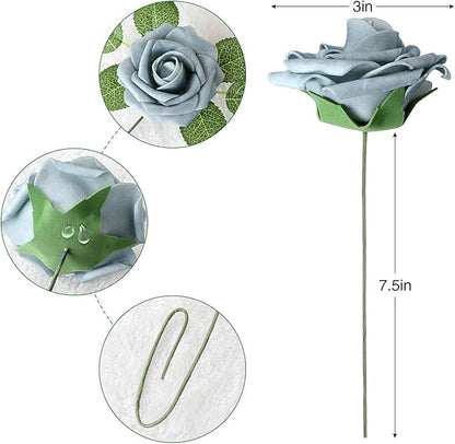 AmyHomie Artificial Flower Dusty Blue Shades Rose 25pcs Real Looking Fake Roses w/Stem for DIY Wedding Bouquets Centerpieces Arrangements Party Baby Shower Home Decorations
