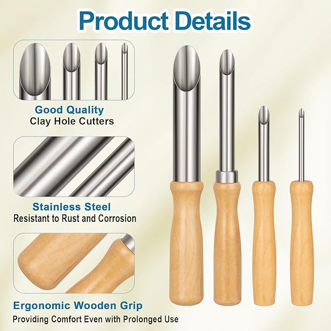 Amrules Clay Tools Kit, 4 PCS Circular Clay Hole Cutters Tools, Wooden Handle and Stainless Steel Sculpting Tools Kit Suitable for Drilling, Carving, Pottery Craft and DIY Projects