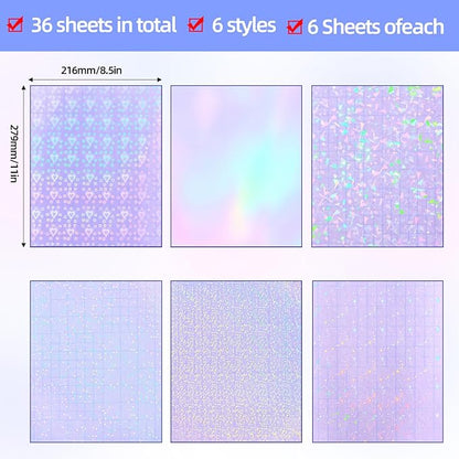 36 Sheets Holographic Sticker Paper, Clear Vinyl Lamination Sticker Film Self Adhesive, Transparent Overlay Laminate Sticker Paper Waterproof-Gem/Dots/Sand Star/Rainbow/Star/Heart, 8.5x11 Inch