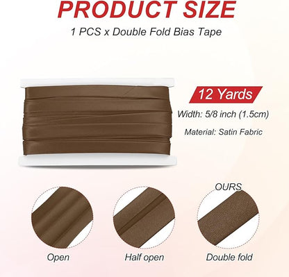 MECCANIXITY Double Fold Bias Tape for Sewing 5/8 Inch x 12 Yards Satin Pre-fold Continuous Binding Tape for Seaming Quilting Hemming Binding DIY Crafts, Brown